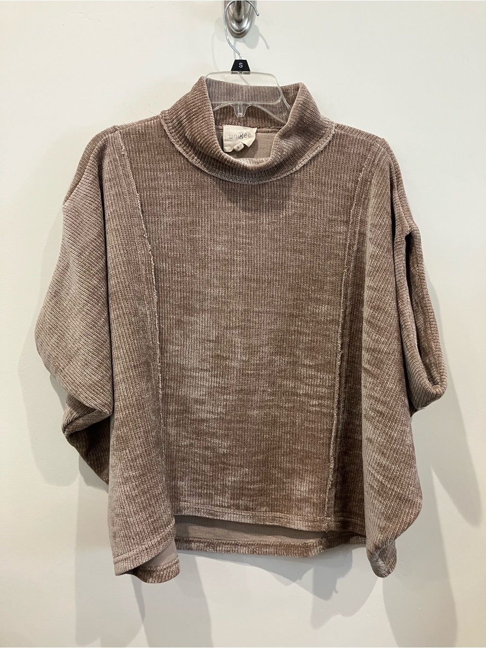 Umgee Raw Edge Buttery Soft Taupe Mock Neck Sweater Top